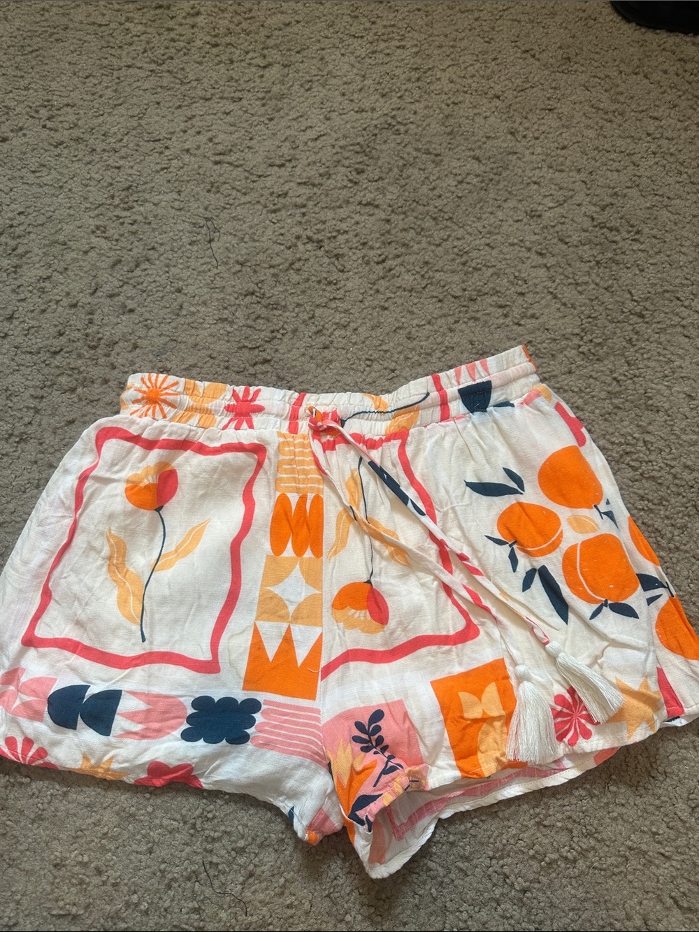 BACIO White Orange Fruit Design Print Drawstring Shorts Medium Lined